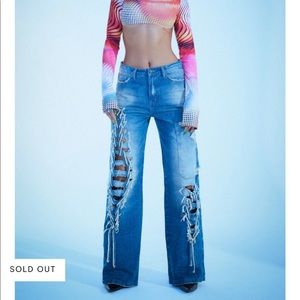 NWT Jaded INDIGO WASH MACRAME LACE UP BAGGY JEANS